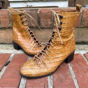 By Far Bota Croc Leather Heeled Lace Up Ankle Booties in Beige Size 36 / US 6